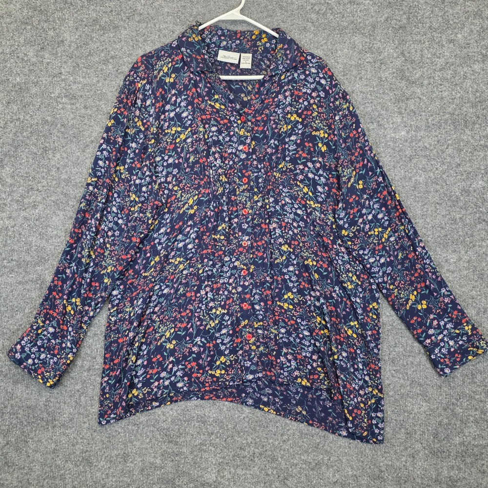 Vermont Country Store Blouse Womens Large Blue Floral Pintuck Rayon Button Up